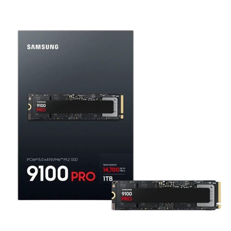 Disco rígido SSD 1 TB Samsung 9100 Pro MZ-VAP1T0 PCIe 5.0 NVMe M.2 com placa preta compacta e etiqueta preta, embalagem destacando velocidade 14.700 MB/s
