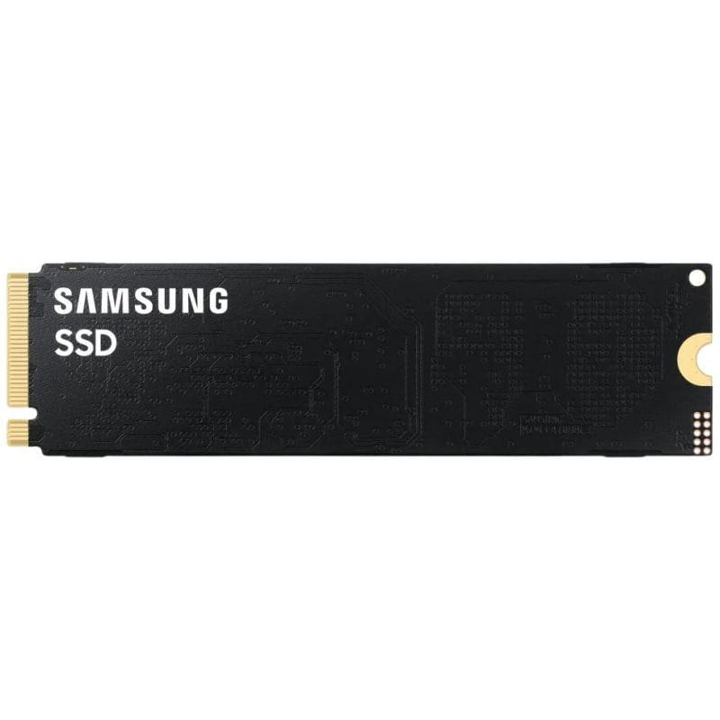 Módulo SSD M.2 NVMe preto, formato 2280, conector dourado à esquerda e PCB liso com logo Samsung SSD em branco, design minimalista para alto desempenho