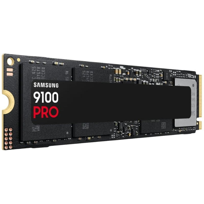 SSD M.2 NVMe Samsung 9100 Pro com dissipador preto, etiqueta preta com logo branco e PRO em vermelho, PCB preto com chips expostos e conector M.2