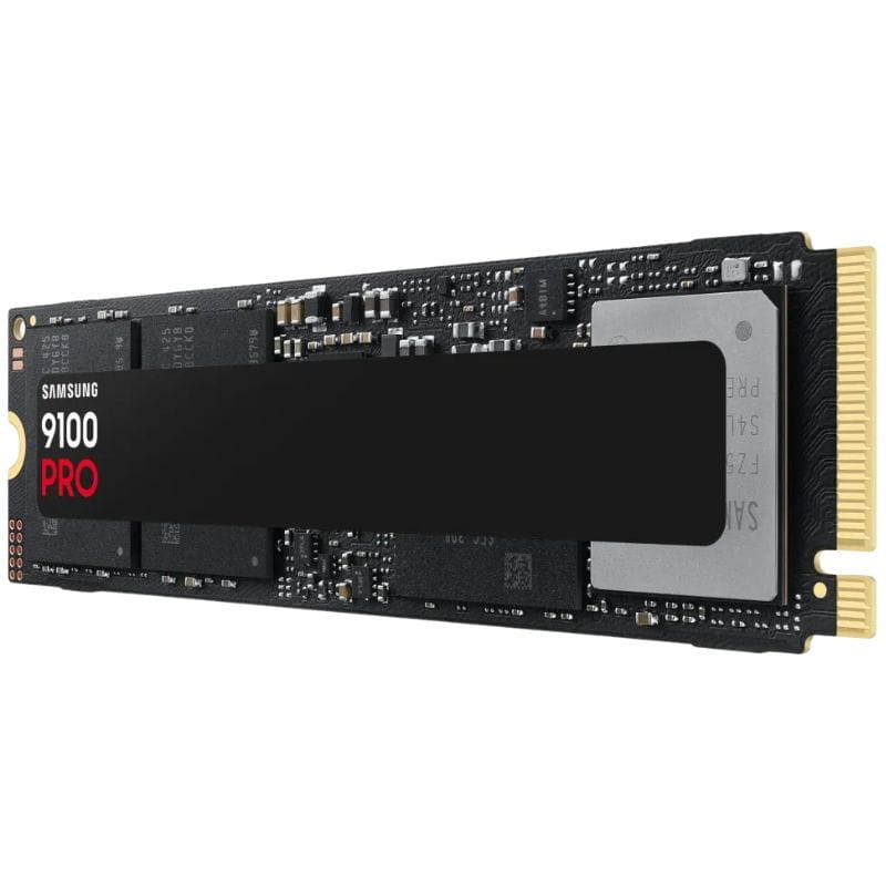 SSD M.2 NVMe Samsung 9100 Pro preto com dissipador preto, PCB exposto e conector dourado; formato compacto para PCIe 5.0, acabamento premium