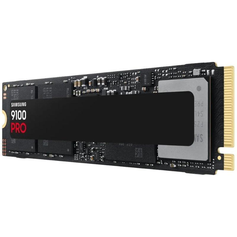 SSD M.2 NVMe Samsung 9100 Pro preto com dissipador preto, PCB exposto e conector dourado; formato compacto para PCIe 5.0, acabamento premium