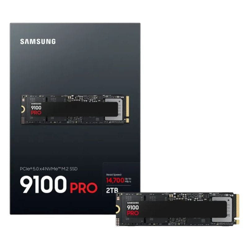SSD Samsung 9100 Pro 2 TB NVMe M.2 PCIe 5.0, placa preta com etiqueta 9100 PRO, embalagem preta destacando 14700 MB/s e capacidade 2 TB