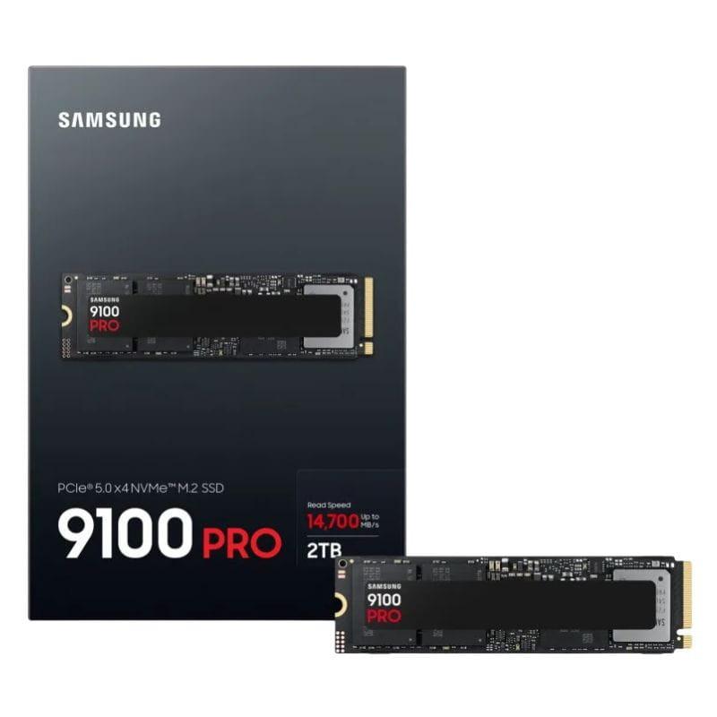 SSD Samsung 9100 Pro 2 TB NVMe M.2 PCIe 5.0, placa preta com etiqueta 9100 PRO, embalagem preta destacando 14700 MB/s e capacidade 2 TB