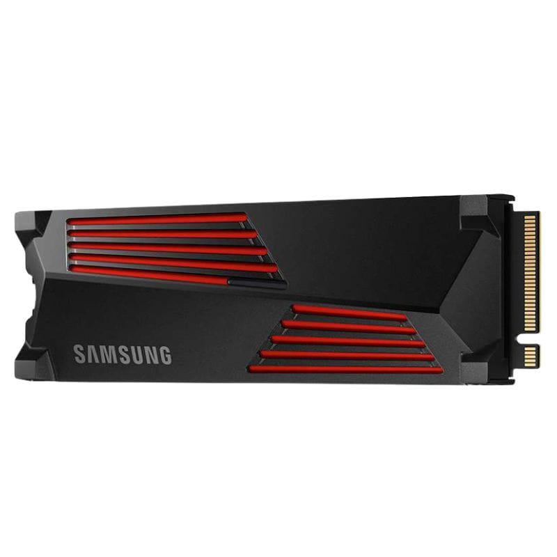 SSD Samsung 990 PRO 2 TB PCIe 4.0 NVMe M.2 com dissipador térmico preto e aletas vermelhas, formato compacto e conector M.2 dourado visível