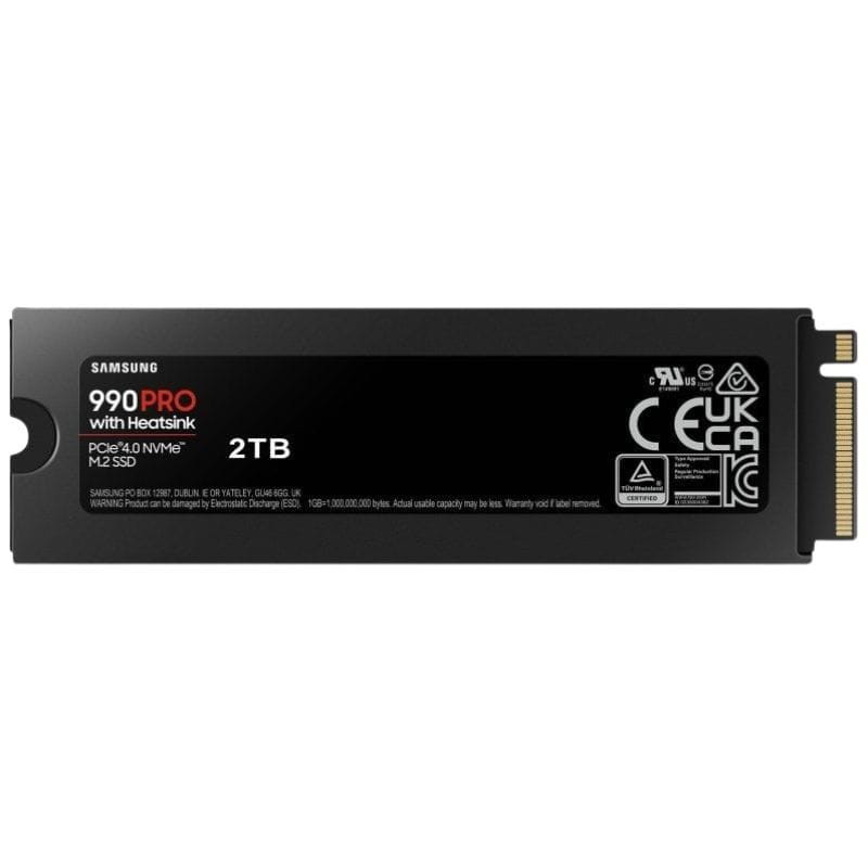 SSD Samsung 990 PRO 2 TB PCIe 4.0 NVMe M.2 com dissipador; formato M.2 2280, etiqueta preta com logotipos e contatos dourados expostos