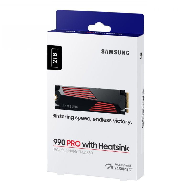 Embalagem do SSD Samsung 990 PRO 2 TB PCIe 4.0 NVMe M.2 com dissipador, destaque para listras vermelhas, selo 2TB e leitura até 7450 MB/s