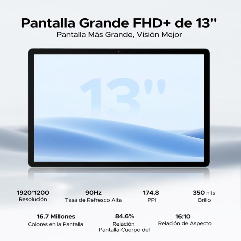 Doogee U13 13 6GB/256GB WiFi Negro con pantalla FHD+ de 13 pulgadas, 90Hz, 350 nits, 1920x1200, 174.8 ppi y marcos delgados para mayor inmersión