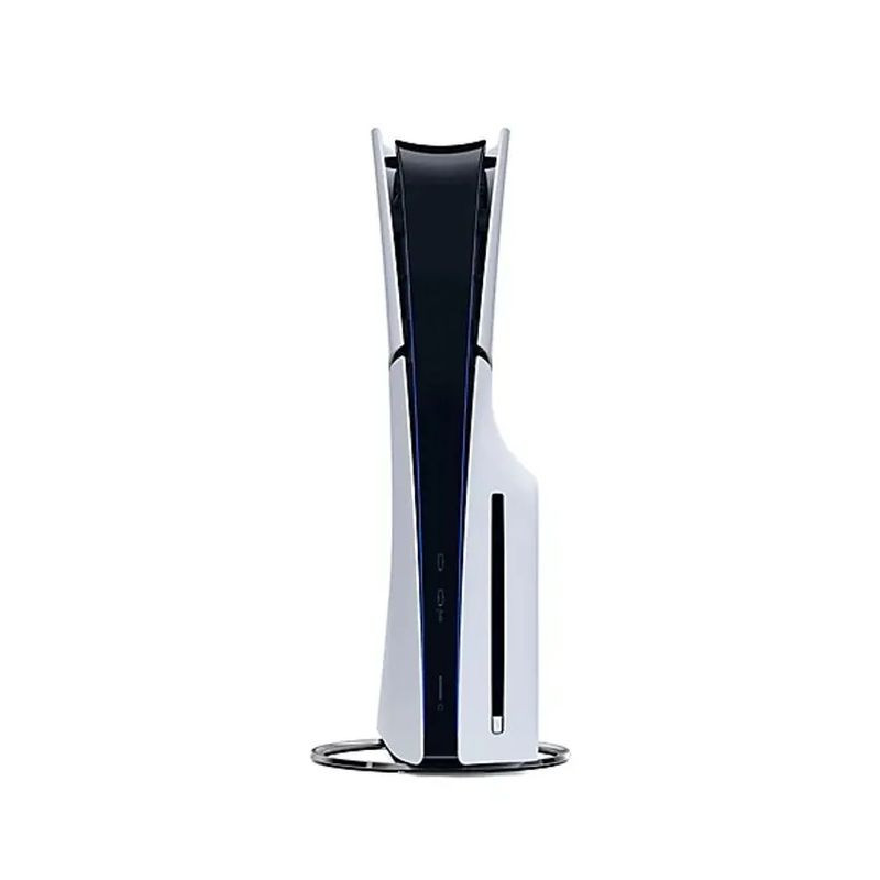 Consola Sony PlayStation 5 Chasis E blanca con lector de discos, diseño vertical bicolor, ranura frontal y base circular, 1 TB de almacenamiento