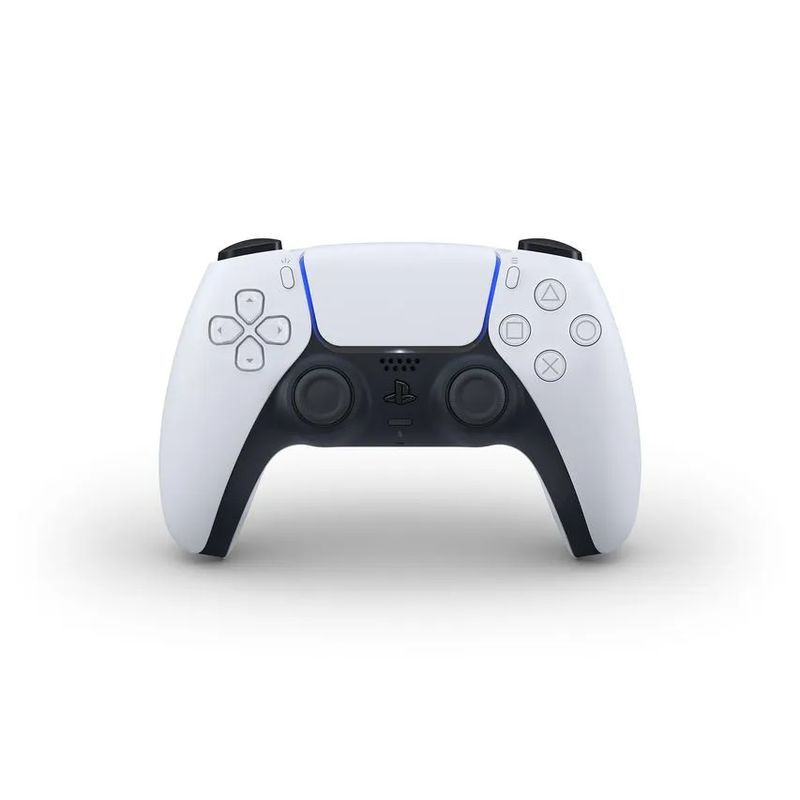 Control DualSense blanco y negro con iluminación LED azul, botones clásicos PlayStation, sticks analógicos y gatillos ergonómicos para PS5 Chasis E 1 TB
