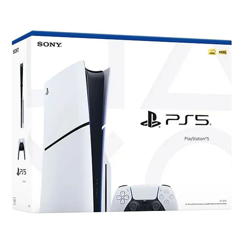 Caja de Sony PlayStation 5 Chasis E 1 TB Lector Blanco, con imagen de la consola vertical en blanco y negro y control DualSense en primer plano