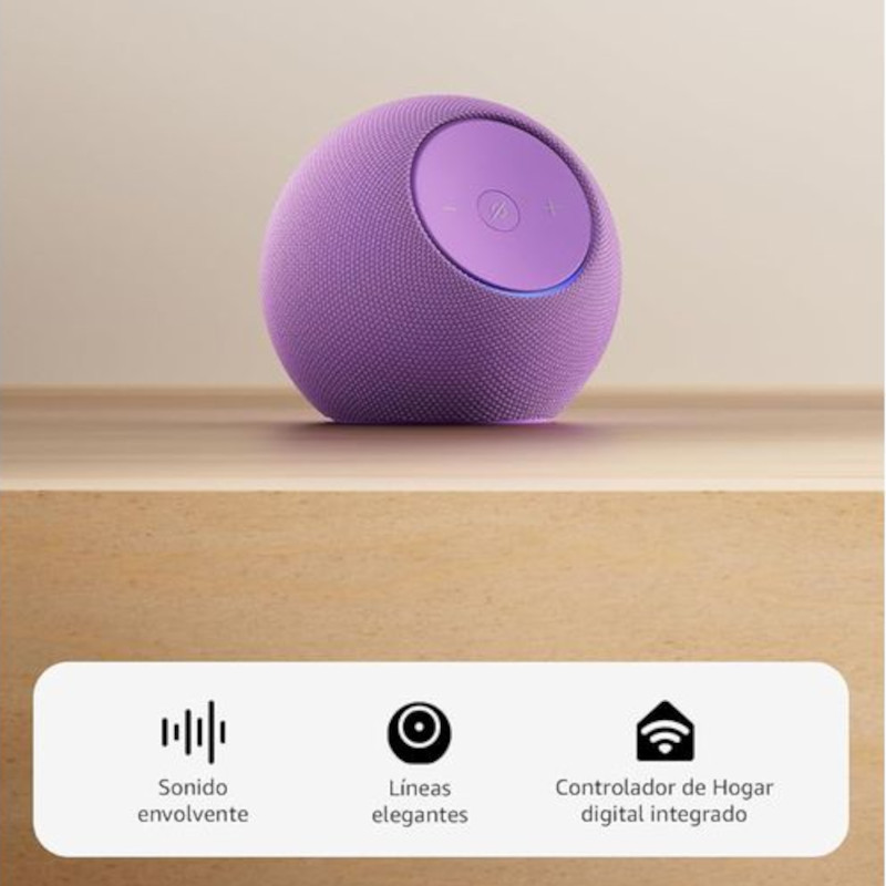 Amazon Echo Dot Max 2025 Amatista, altavoz esférico morado con malla textil, aro LED azul, botones + y -, diseño minimalista y base plana