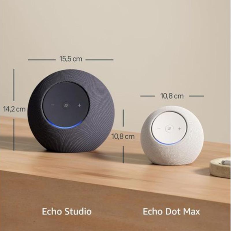 Amazon Echo Dot Max 2025 Grafito altavoz compacto esférico, malla textil grafito, aro LED azul, panel táctil superior con controles y micrófono silenciado