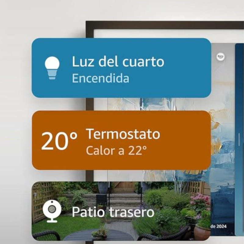 Pantalla inteligente 15.6 pulgadas Full HD con widgets: luz encendida, termostato a 22 °C y vista de patio trasero; integra Alexa, Fire TV y control por voz