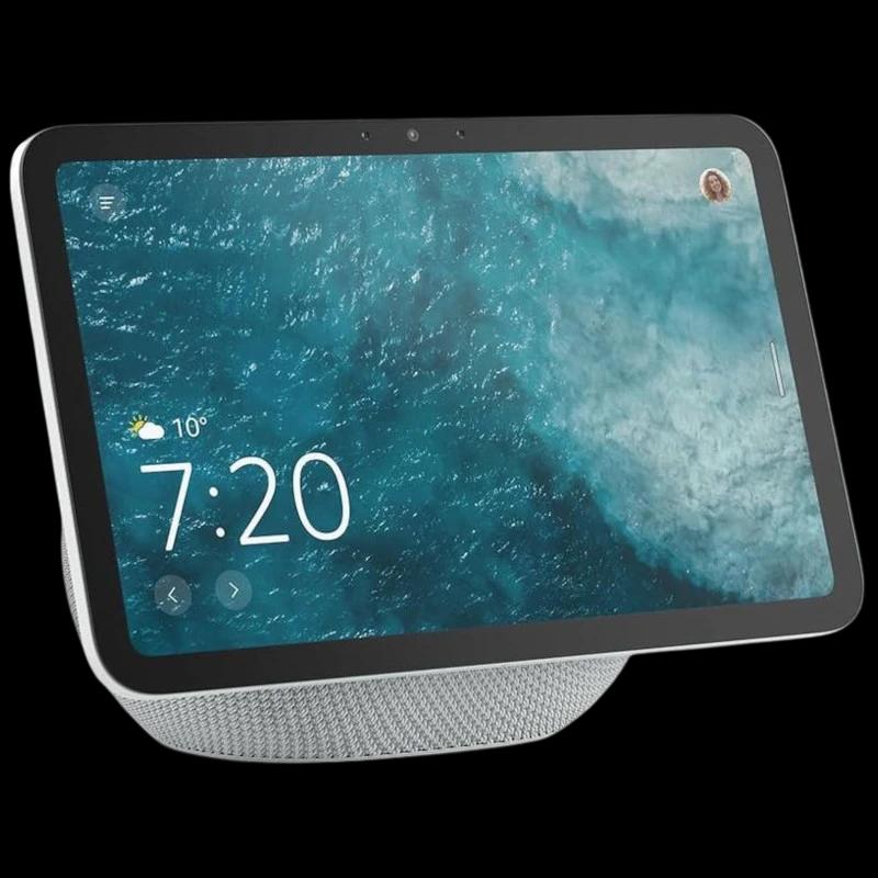 Amazon Echo Show 8 2025 Blanc avec écran tactile incliné, bords fins, caméra frontale centrée et base en tissu maillé gris clair