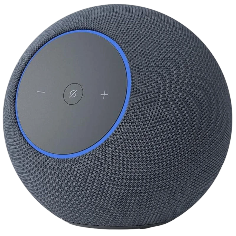 Amazon Echo Studio Grafito, altavoz esférico gris con malla textil, aro LED azul y panel superior con botones +, − y acción. Diseño moderno y minimalista