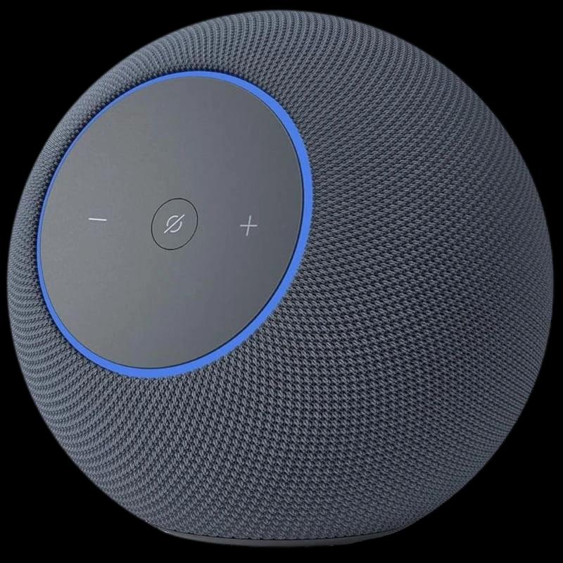 Amazon Echo Studio Grafito em formato esférico, malha cinza grafite, painel frontal cinza com botões de volume e microfone, aro LED azul destacando o controle