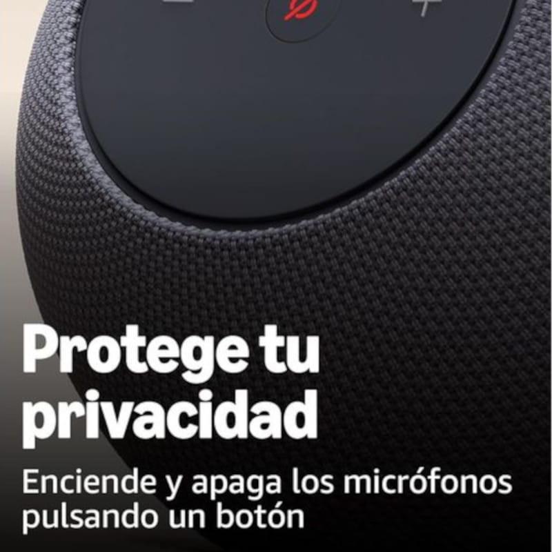 Amazon Echo Studio Grafite com tecido escuro e botão superior com ícone de microfone desativado, textura malha e bordas arredondadas, design moderno
