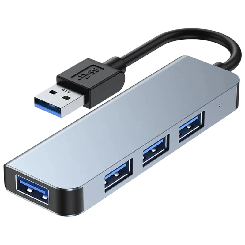 Hub USB BYL-2013U 4 en 1 gris con carcasa metálica, cable corto USB-A y cuatro puertos frontales: 1 USB 3.0 azul y 3 USB 2.0, diseño compacto y ligero