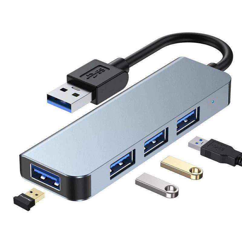 Hub USB BYL-2013U 4 en 1 Gris con carcasa metálica, 3 puertos USB 3.0 azules y 1 USB 2.0, conector USB-A y cable corto integrado para laptops y PC