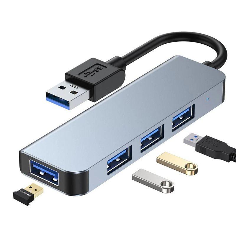 Hub USB BYL-2013U 4 en 1 Gris con carcasa metálica, 3 puertos USB 3.0 azules y 1 USB 2.0, conector USB-A y cable corto integrado para laptops y PC