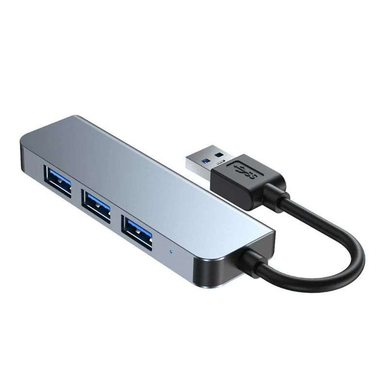 Hub USB BYL-2013U 4 en 1, carcasa gris metálica, 3 puertos USB 3.0 azules y 1 USB 2.0, conector USB-A y cable corto integrado, diseño compacto y ligero