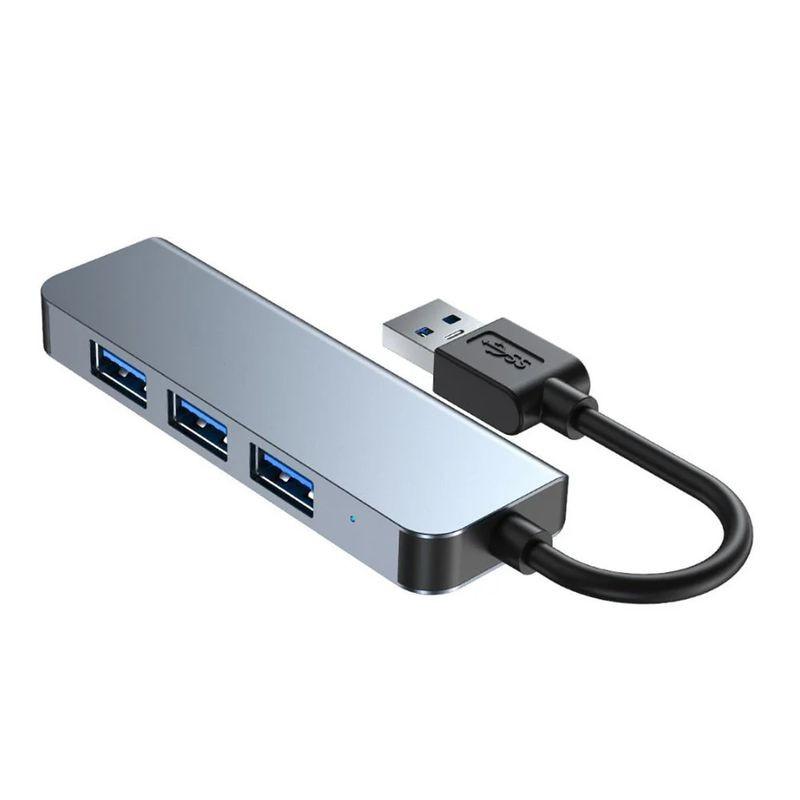 Hub USB BYL-2013U 4 en 1, carcasa gris metálica, 3 puertos USB 3.0 azules y 1 USB 2.0, conector USB-A y cable corto integrado, diseño compacto y ligero