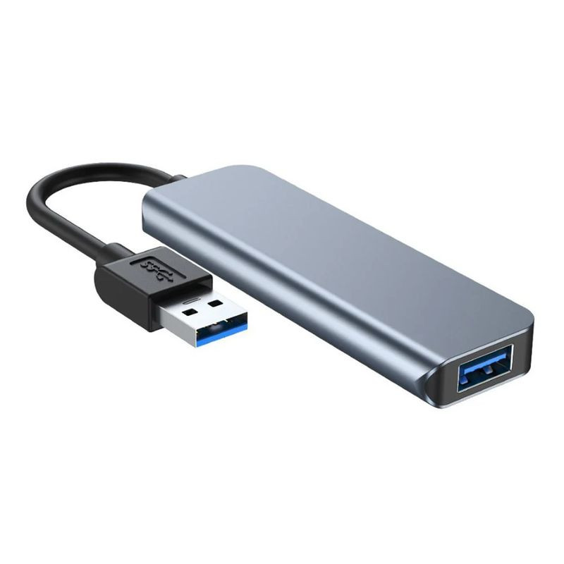 Hub USB BYL-2013U 4 en 1 gris metálico con carcasa alargada, cable corto integrado USB-A, puerto frontal USB 3.0 azul y puertos laterales USB 2.0