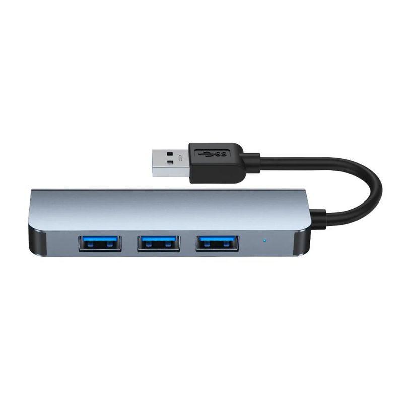 Hub USB BYL-2013U 4 en 1 gris con carcasa metálica, 3 puertos USB 3.0 azules y conector USB-A integrado, diseño compacto con luz LED indicadora