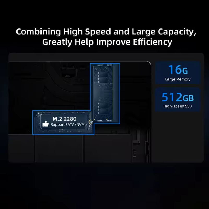 Módulo SSD M.2 2280 destacado junto a especificaciones: 16GB de memoria y 512GB SSD de alta velocidad para el Maxbook Y14 Plus de 14 pulgadas