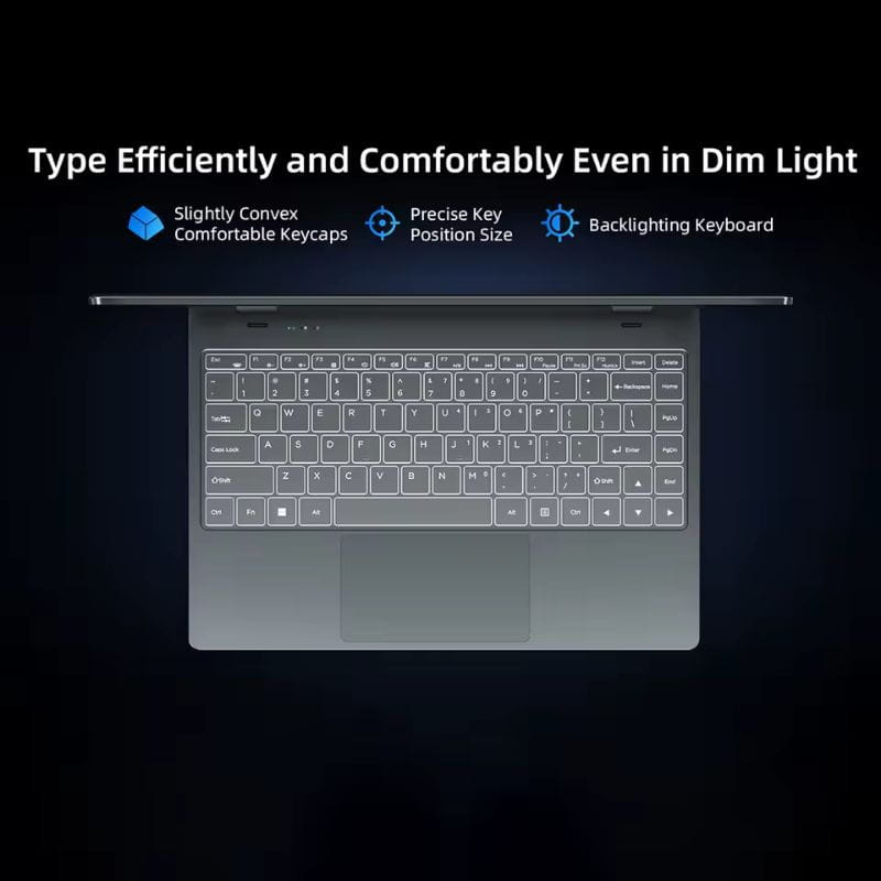 Teclado retroiluminado del Maxbook Y14 Plus 14 con teclas cómodas ligeramente convexas y distribución precisa, ideal para escribir en ambientes con poca luz.