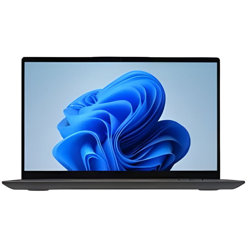 Portátil Maxbook Y14 Plus de 14 pulgadas, diseño delgado en negro, biseles finos y pantalla amplia con Windows 11 mostrando fondo azul abstracto