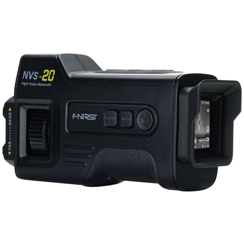 FNIRSI NVS-20 4K avec vision nocturne, boîtier compact noir, écran oculaire, molette de mise au point, ports USB et câble connecté à un ordinateur portable