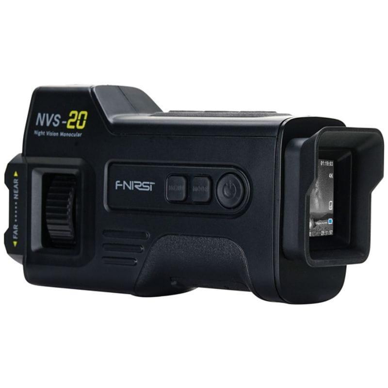 FNIRSI NVS-20 4K avec vision nocturne, boîtier compact noir, écran oculaire, molette de mise au point, ports USB et câble connecté à un ordinateur portable