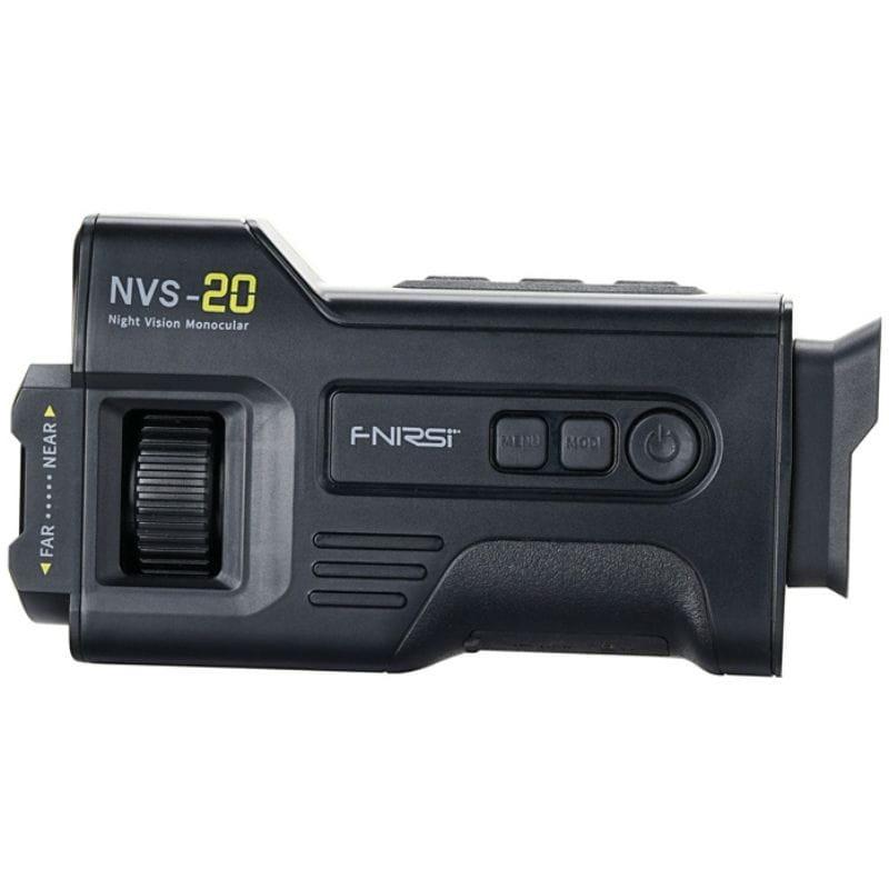 FNIRSI NVS-20 4K avec vision nocturne, port USB latéral, alimentation externe via power bank, commandes latérales ergonomiques, boîtier robuste noir