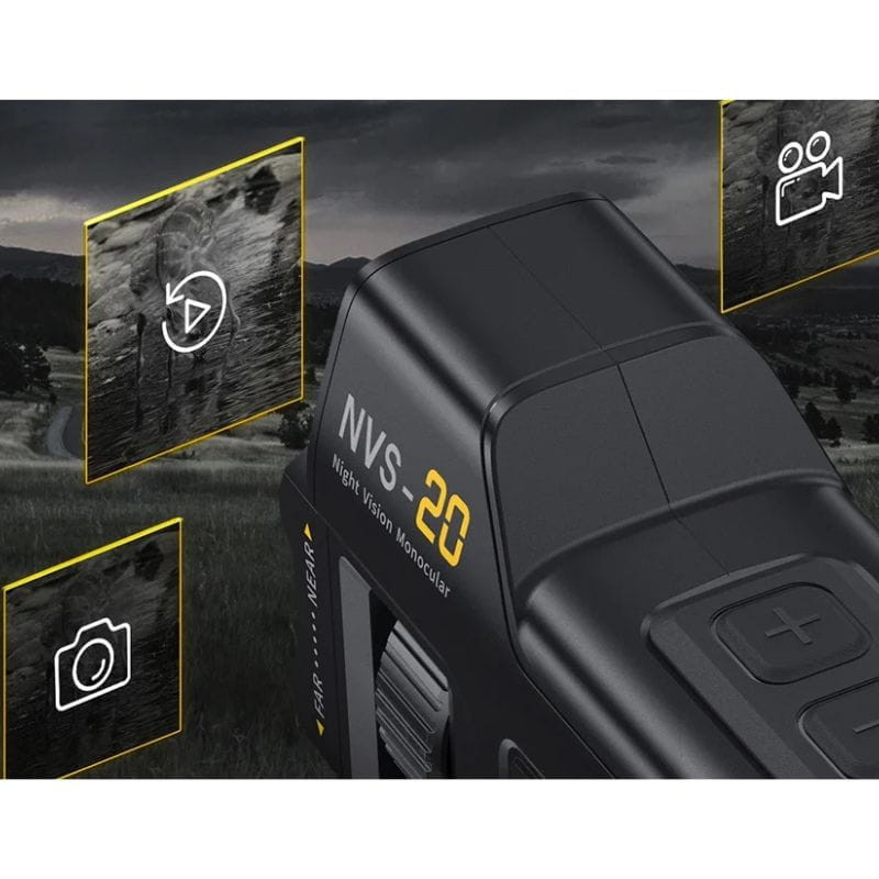 FNIRSI NVS-20 4K avec vision nocturne, monoculaire numérique compact, grand objectif avant, écran intégré, commandes latérales, design robuste noir