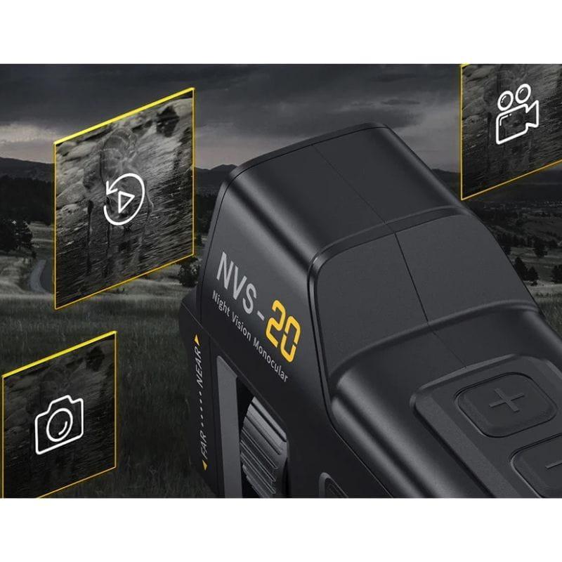 FNIRSI NVS-20 4K avec vision nocturne, monoculaire numérique compact, grand objectif avant, écran intégré, commandes latérales, design robuste noir