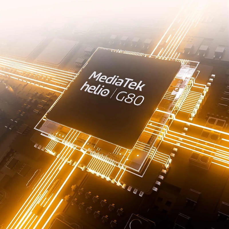 Chip MediaTek Helio G80 iluminado con líneas doradas en placa electrónica, resaltando potencia y conectividad del componente para TCL TAB 11 FE Gris