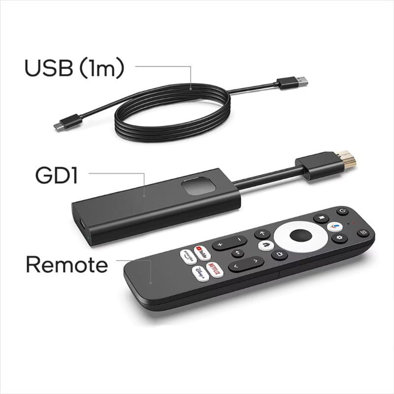 UBISHENG GD1 2GB/16GB 4K Android TV Stick avec dongle HDMI compact, câble USB 1 m et télécommande avec touches Netflix Prime Video YouTube Google Assistant