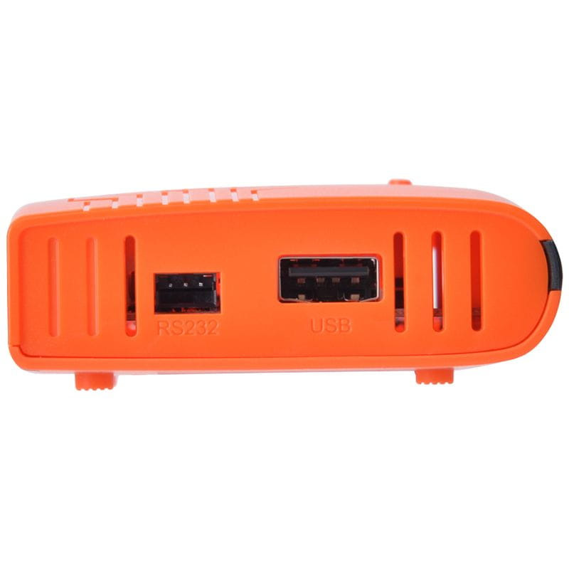 FREESAT V7X - Receptor Satélite con carcasa naranja, panel frontal con puertos RS232 y USB, ranuras de ventilación y diseño compacto y ligero
