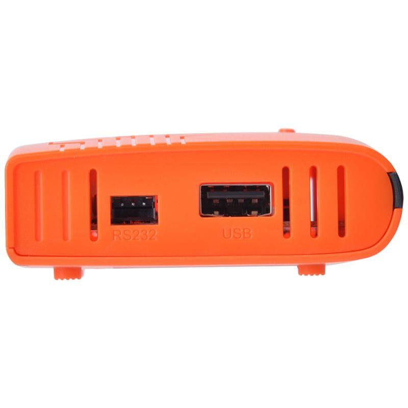 FREESAT V7X - Receptor Satélite con carcasa naranja, panel frontal con puertos RS232 y USB, ranuras de ventilación y diseño compacto y ligero