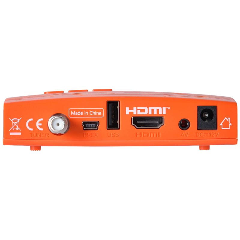 FREESAT V7X Receptor Satélite color naranja con puertos HDMI, USB, AV, IR, tuner y entrada DC 12V, diseño compacto con etiquetas claras