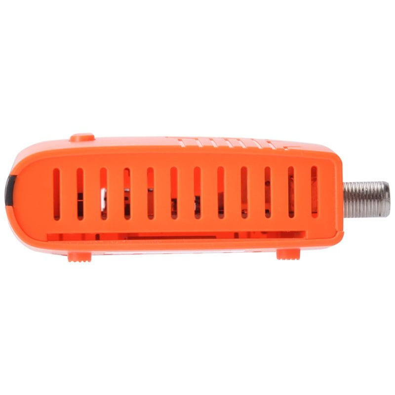 FREESAT V7X - Receptor Satélite compacto en carcasa naranja con rejillas laterales de ventilación y conector F metálico para antena satelital