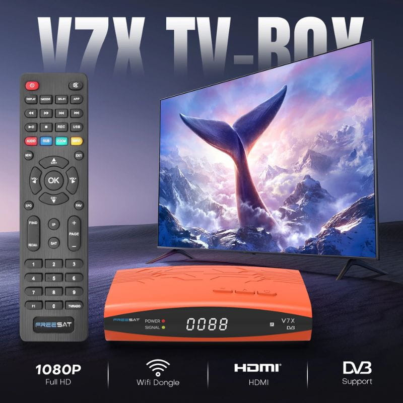 FREESAT V7X - Receptor Satélite: decodificador rojo con display LED, mando a distancia, salida HDMI, soporte DVB, Full HD 1080p y WiFi dongle compatible