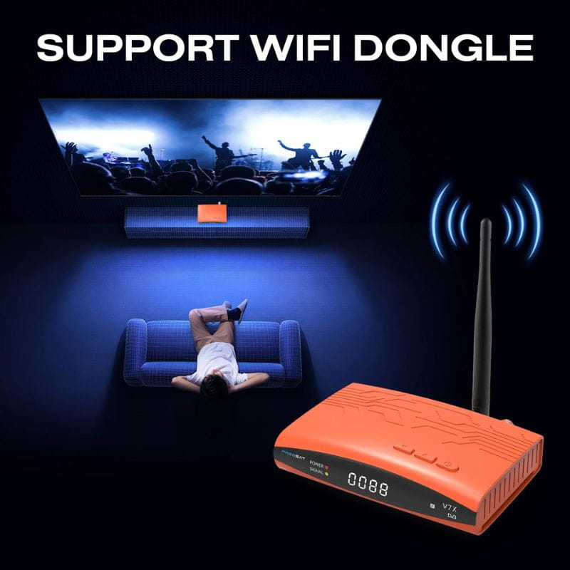 FREESAT V7X Receptor Satélite naranja con antena WiFi externa, pantalla LED 4 dígitos, puertos frontales y soporte para dongle WiFi en set de entretenimiento
