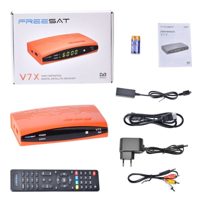 FREESAT V7X - Receptor Satélite naranja con pantalla LED verde, puerto USB frontal, mando a distancia, adaptador de corriente, cables AV y pilas incluidas