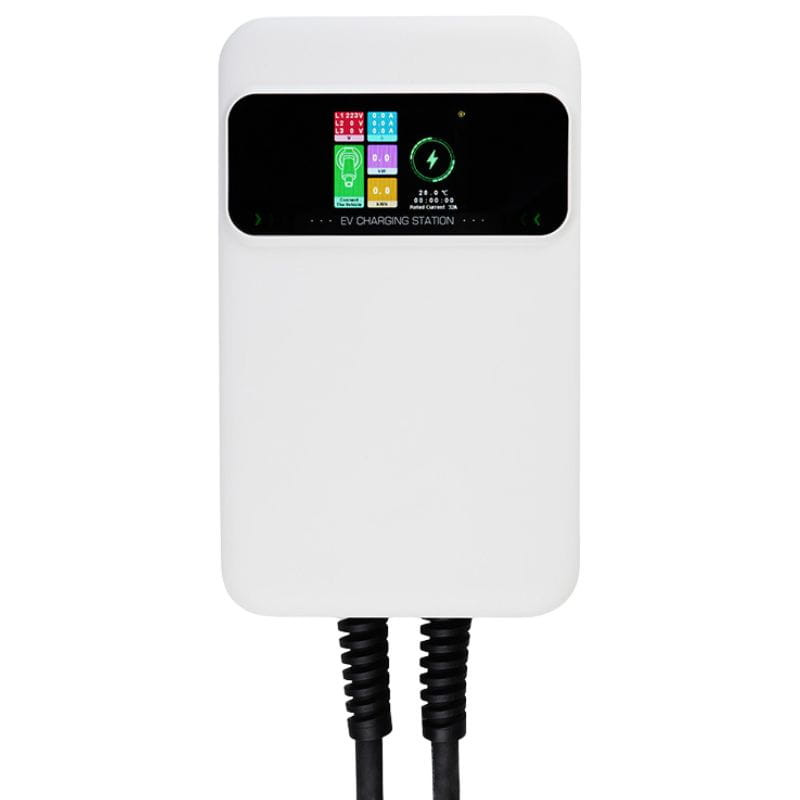 Besen SQ20-22KW-APP Blanco, cargador EV mural con carcasa blanca, pantalla LED a color con iconos de estado y doble cable inferior con conectores negros