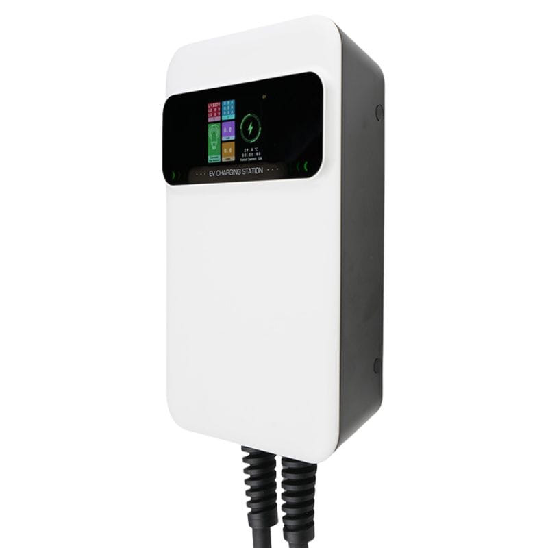 Besen SQ20-22KW-APP Blanco, cargador mural con carcasa blanca, pantalla a color frontal y doble cable inferior corrugado para carga de coche eléctrico
