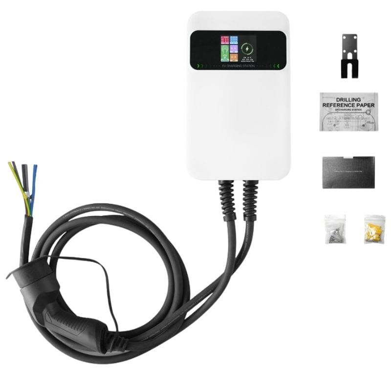 Besen SQ20-11KW-APP Blanco con pantalla a color, carcasa blanca compacta, cable grueso con conector tipo pistola y accesorios de montaje incluidos