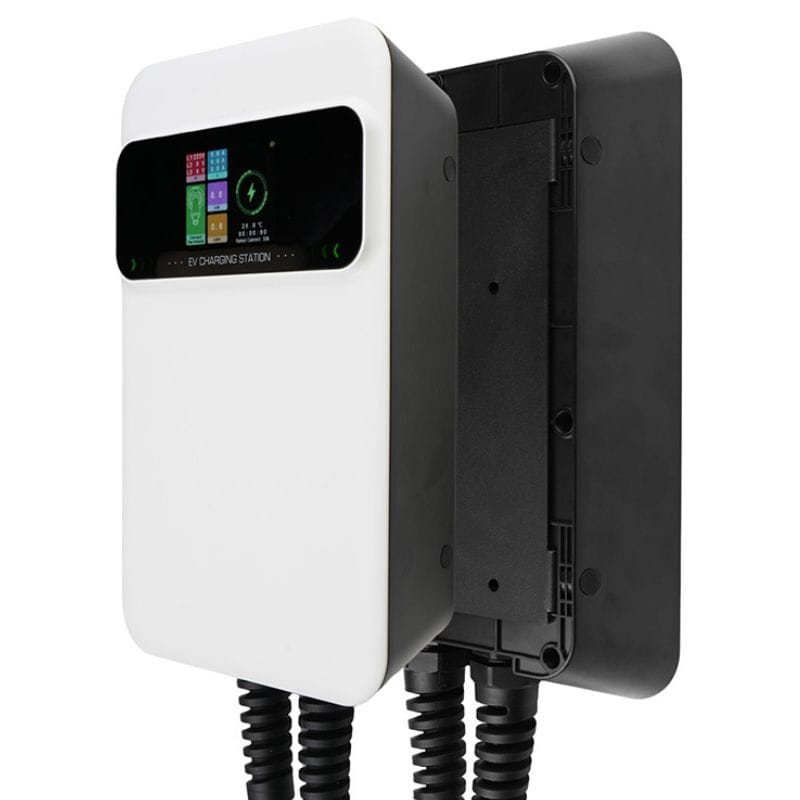 Besen SQ20-11KW-APP Blanco cargador mural con carcasa blanca, panel frontal negro con pantalla a color, indicadores LED y doble salida de cable robusto