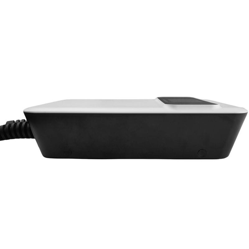 Besen SQ20-11KW-APP Blanco, cargador mural en blanco y negro con carcasa rectangular, panel superior liso y salida lateral de cable, diseño compacto y moderno